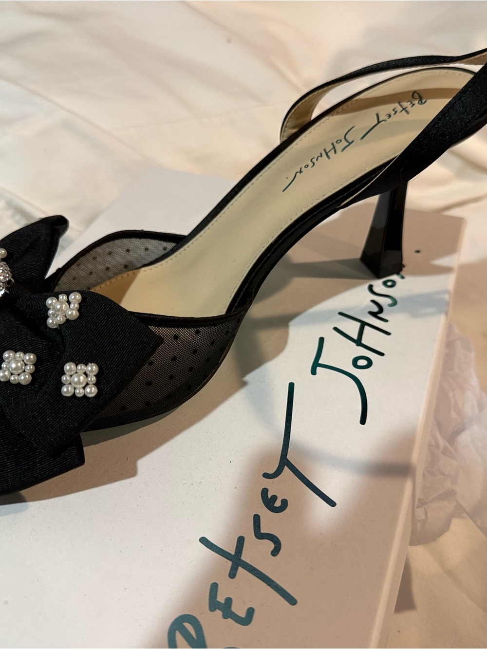 Betsey Johnson Black Mesh Bow Slingback Heels with Pearl Clusters